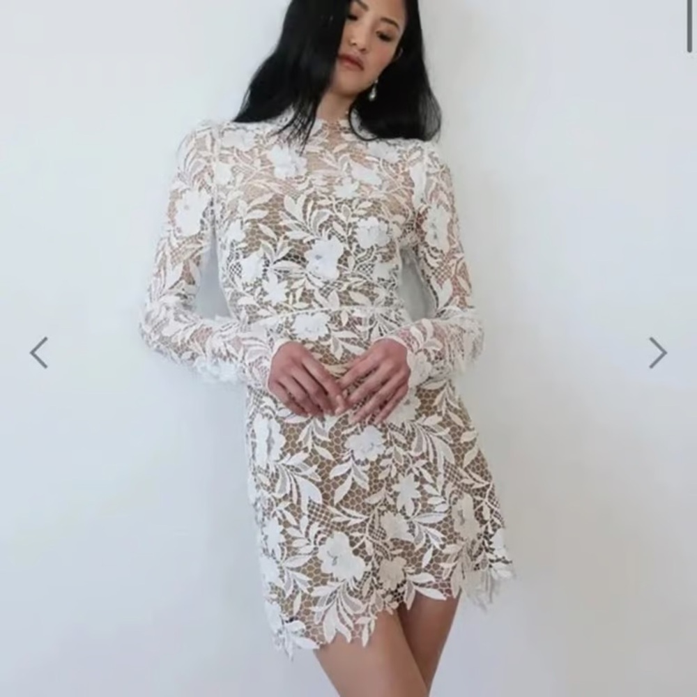 Jenny Yoo White Floral Lace High-Neck Long-Sleeve Mini Dress
